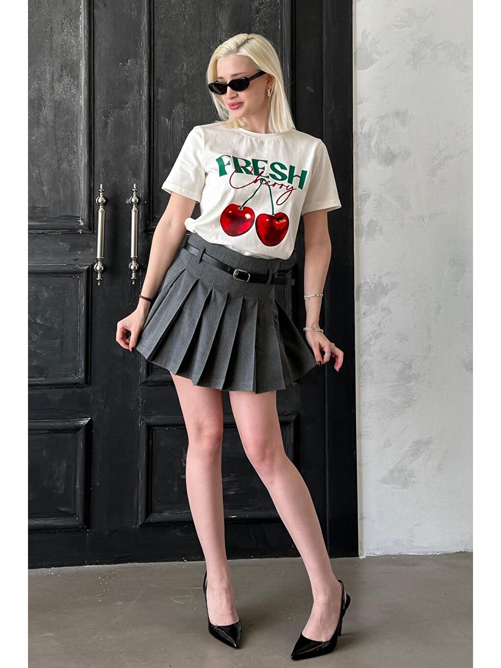 Ekru %100 Pamuklu Baskılı Kadın Tişört Mg2381-1