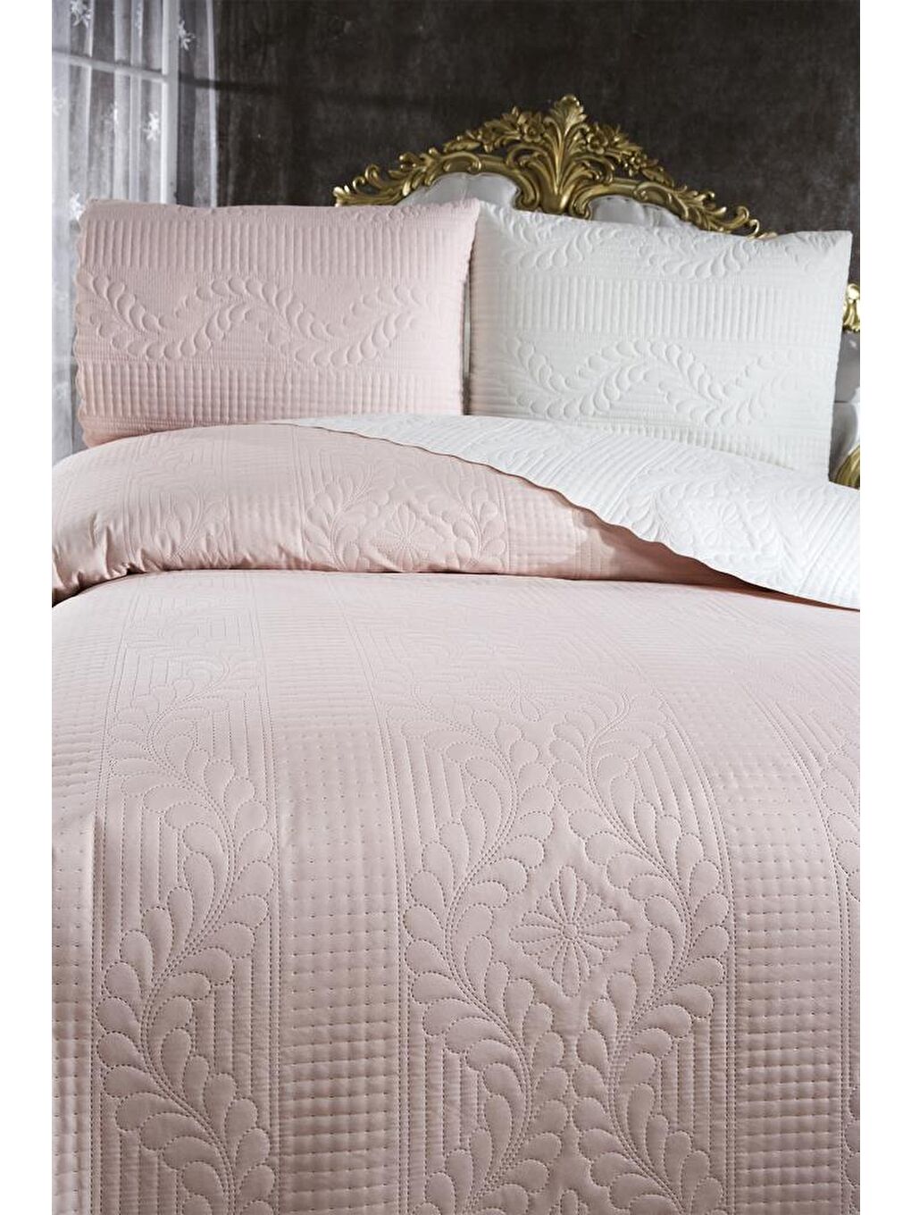 Karışık Ultrasonik Kapitoneli Sanem Çift Taraflı Çift Kişilik Yatak Örtüsü Krem Pudra-2