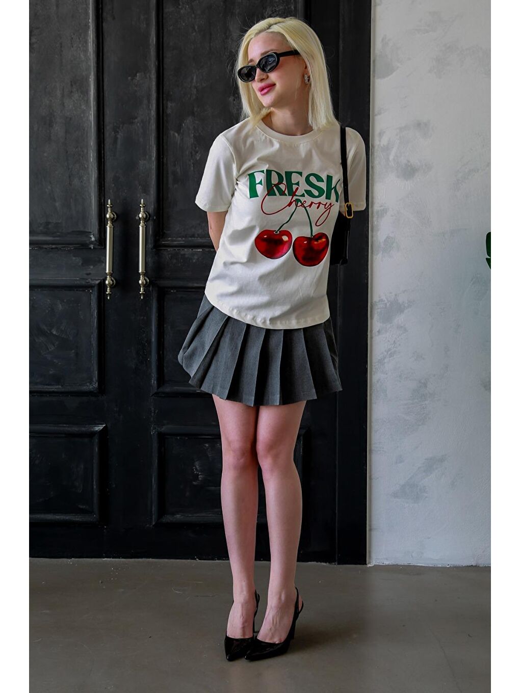 Ekru %100 Pamuklu Baskılı Kadın Tişört Mg2381-2