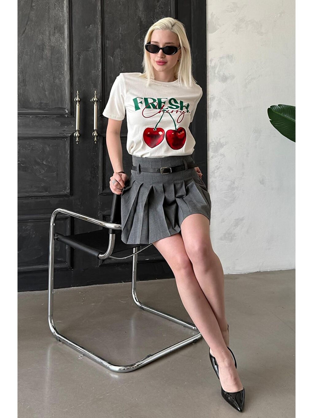 Ekru %100 Pamuklu Baskılı Kadın Tişört Mg2381-4