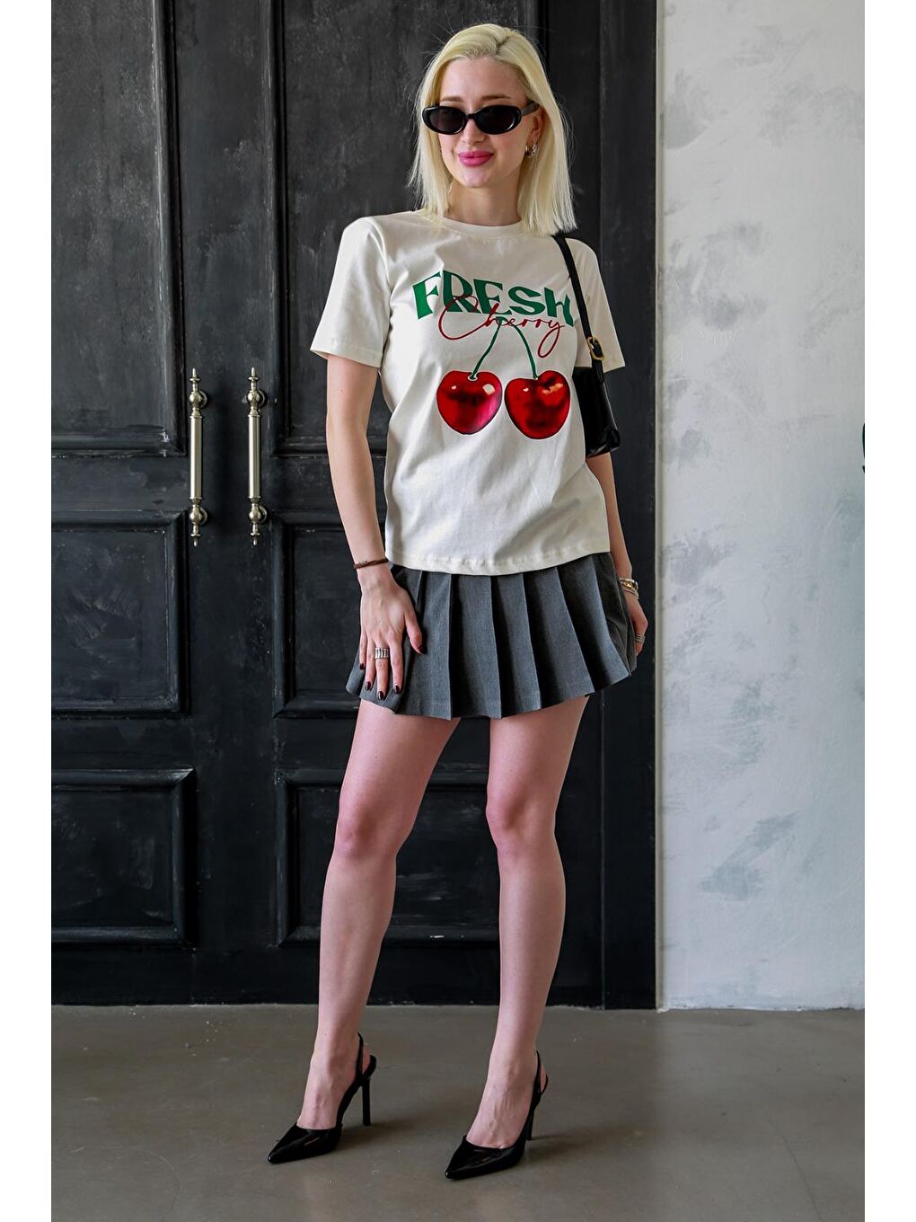 Ekru %100 Pamuklu Baskılı Kadın Tişört Mg2381-6