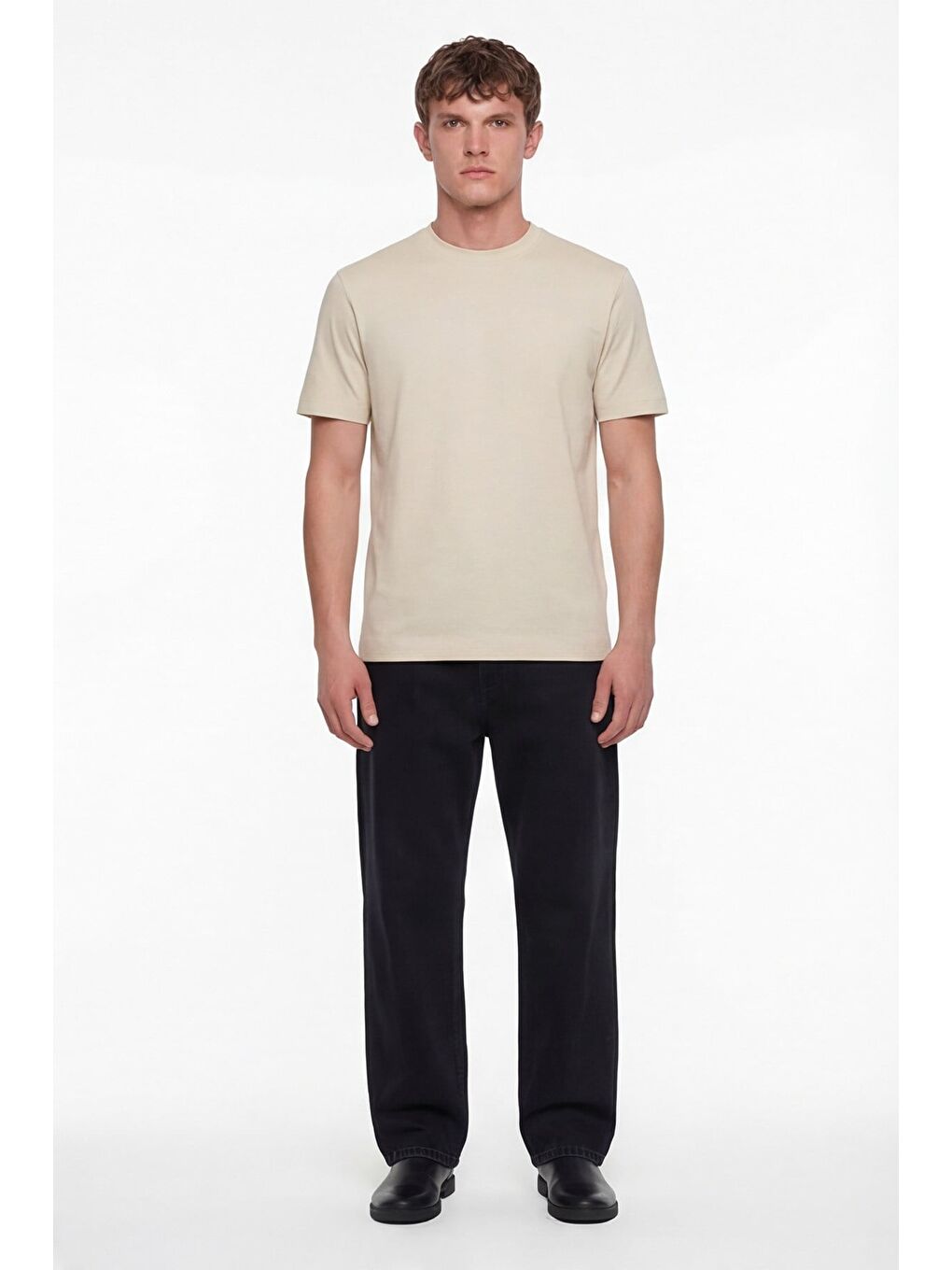 Ekru Erkek Koyu Krem Normal Kesim Regular Fit %100 Pamuk Dokuma Bisiklet Yaka Basic T-Shirt-1