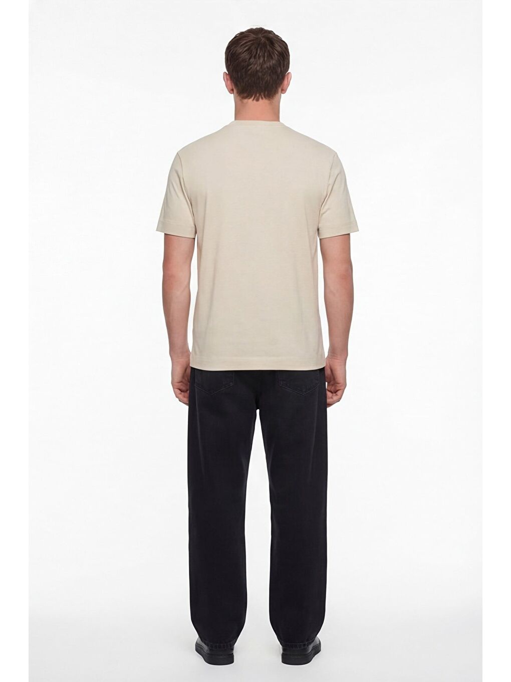 Ekru Erkek Koyu Krem Normal Kesim Regular Fit %100 Pamuk Dokuma Bisiklet Yaka Basic T-Shirt-3