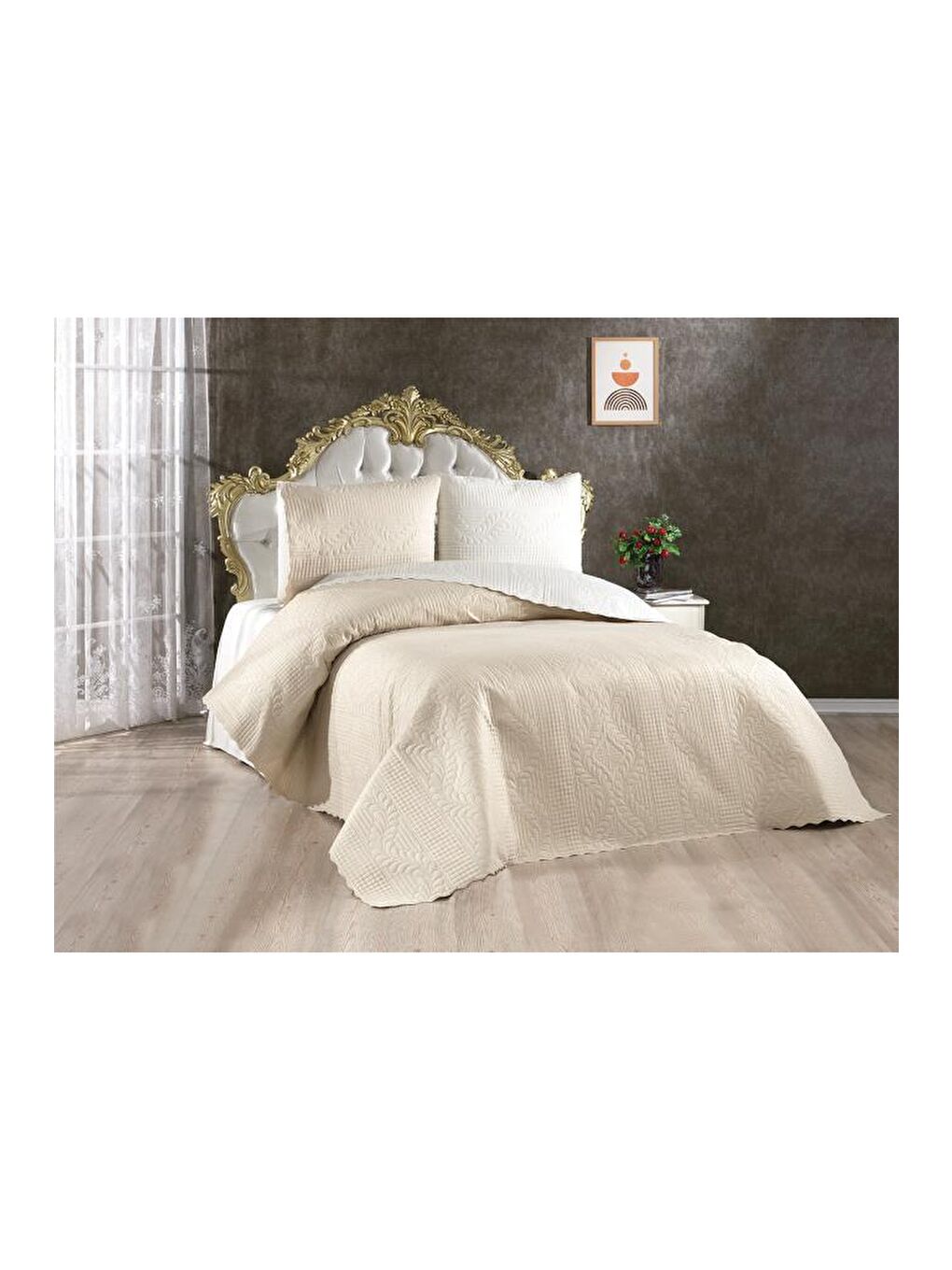 Ultrasonik Kapitoneli Sanem Çift Taraflı Çift Kişilik Yatak Örtüsü Krem Bej-1