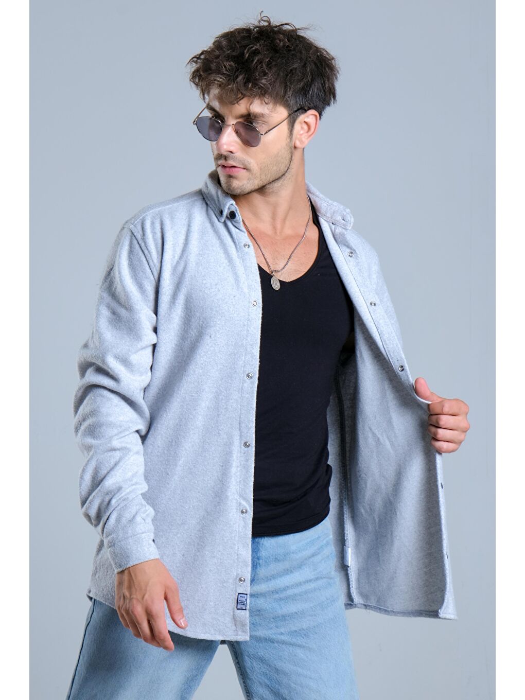 Gri Penye Dokuma Kışlık Gömlek MAR 4218-1