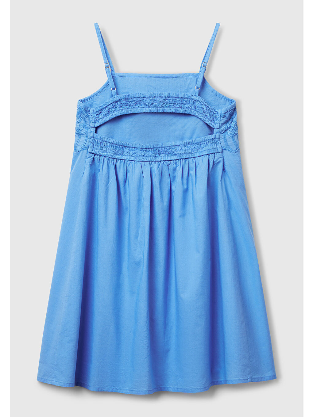 Kız Çocuk Mavi Üstü İşleme Detaylı Pileli Ayarlanabilir Omuz Askılı Elbise-1