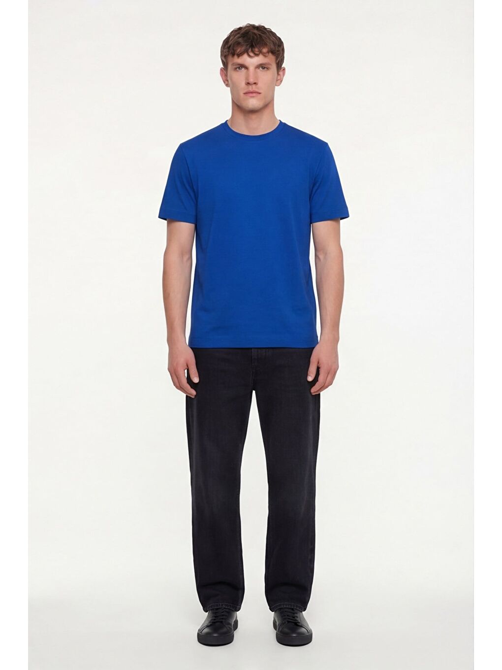 Erkek Saks Mavi Normal Kesim Regular Fit %100 Pamuk Dokuma Bisiklet Yaka Basic T-Shirt-1