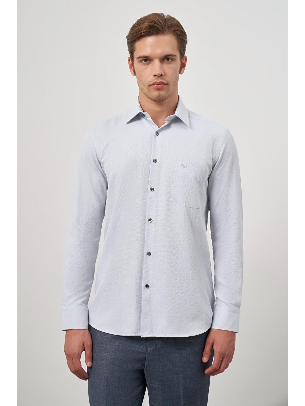 Gri Uzun Kol Kendinden Desenli Armürlü 041 Sert Yaka Classic Comfort Fit Gömlek 1004245156