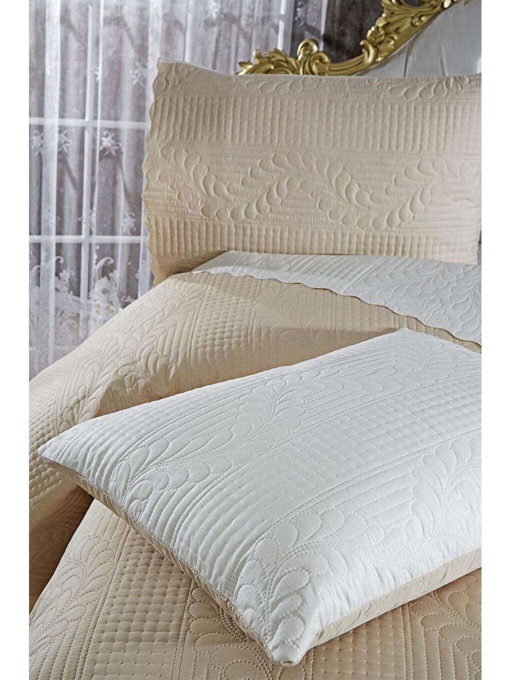 Ultrasonik Kapitoneli Sanem Çift Taraflı Çift Kişilik Yatak Örtüsü Krem Bej-3