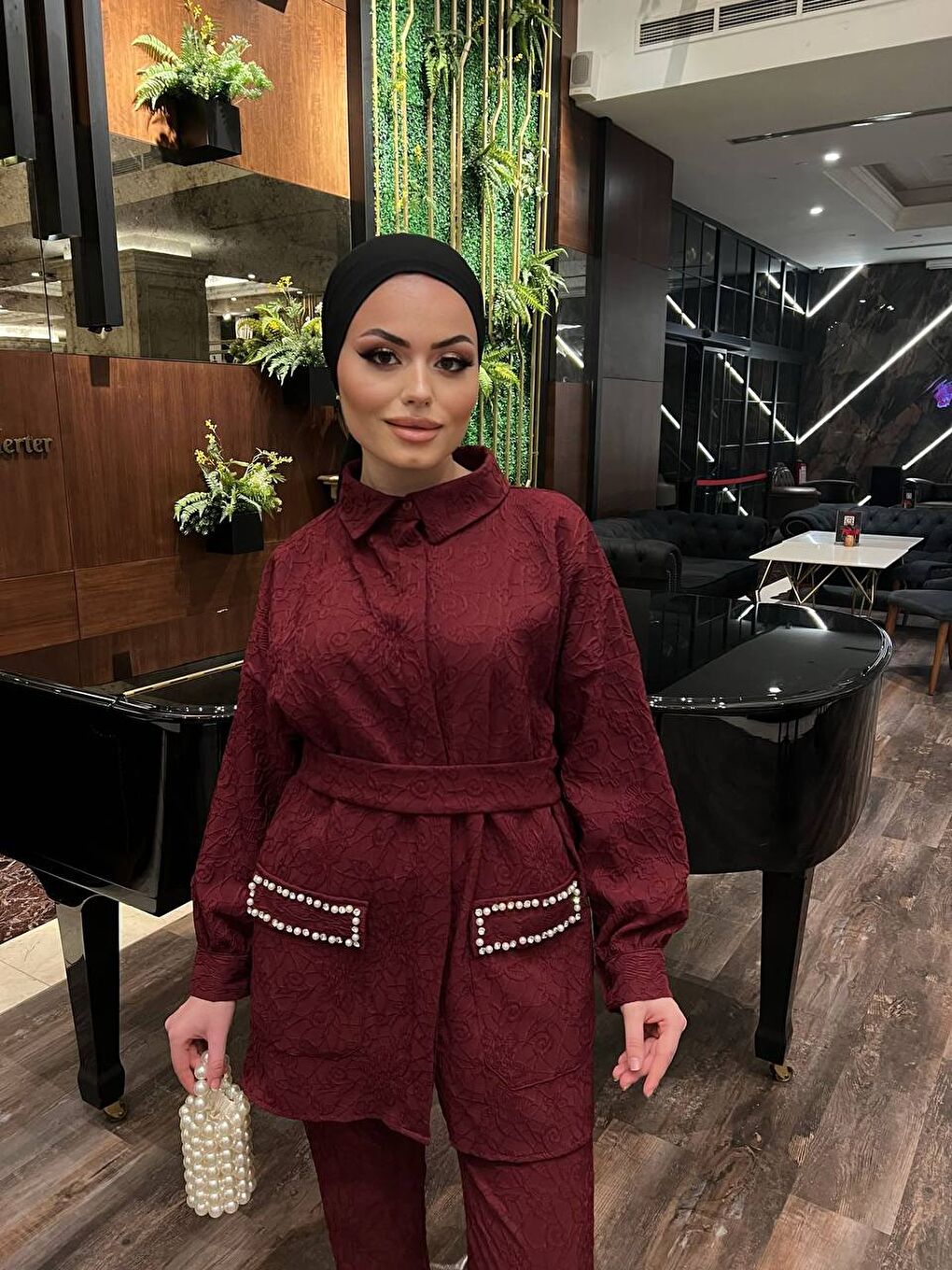 Bordo Kadın Jakarlı Bel Kuşaklı Cep Taşlı Alt Üst Takım-1