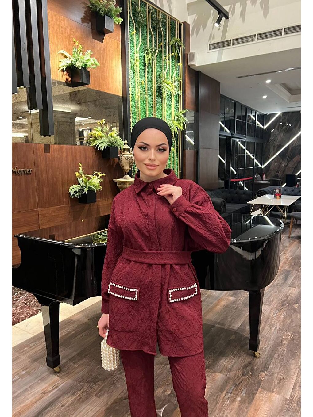 Bordo Kadın Jakarlı Bel Kuşaklı Cep Taşlı Alt Üst Takım-2