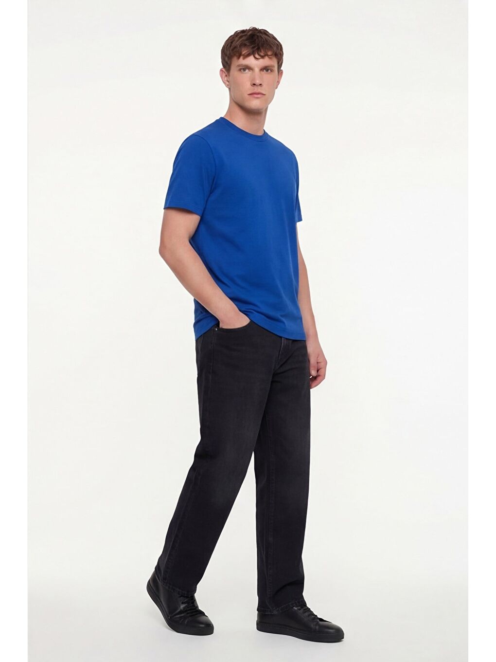 Erkek Saks Mavi Normal Kesim Regular Fit %100 Pamuk Dokuma Bisiklet Yaka Basic T-Shirt-2