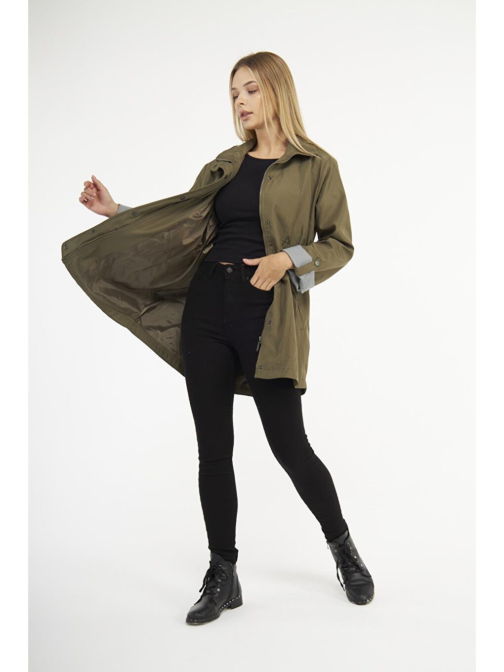 Haki Kadın Beli Büzgülü Kısa Düz Desenli Trençkot-2