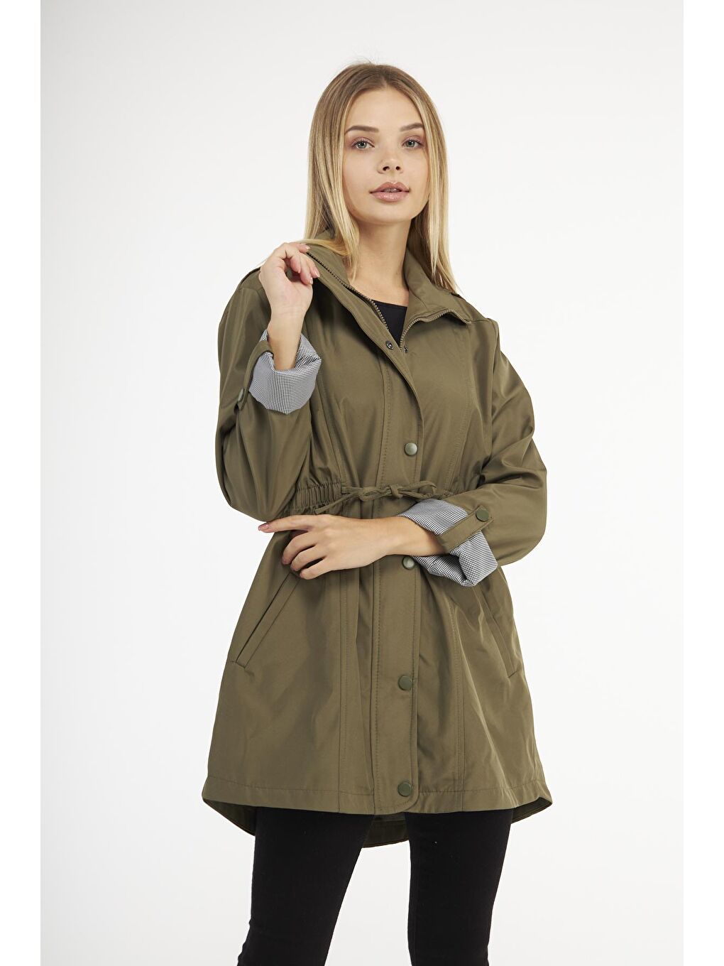 Haki Kadın Beli Büzgülü Kısa Düz Desenli Trençkot-4