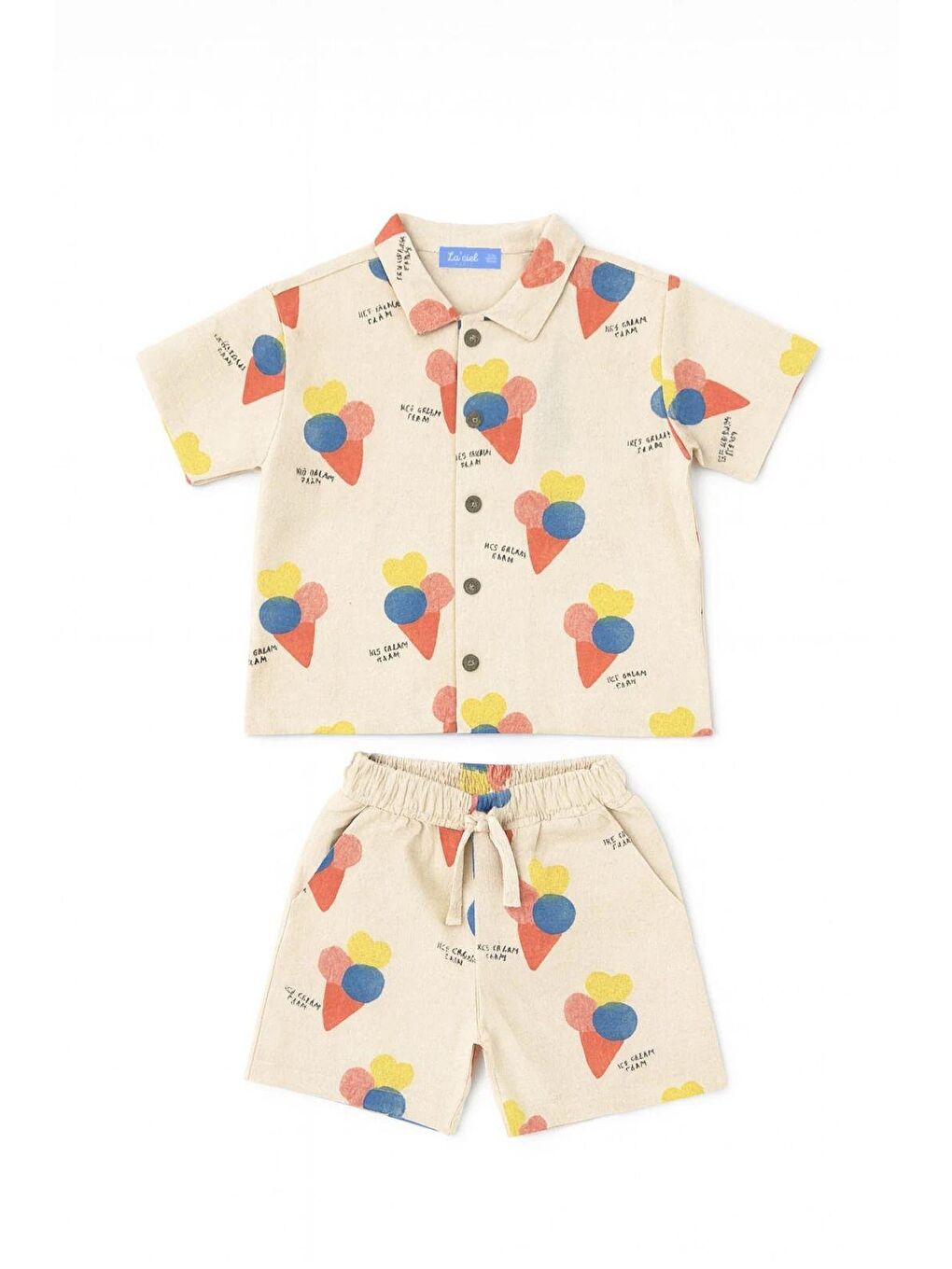Çocuk Pamuklu Bej Dondurma Desenli Gömlek Ve Şort Takım
