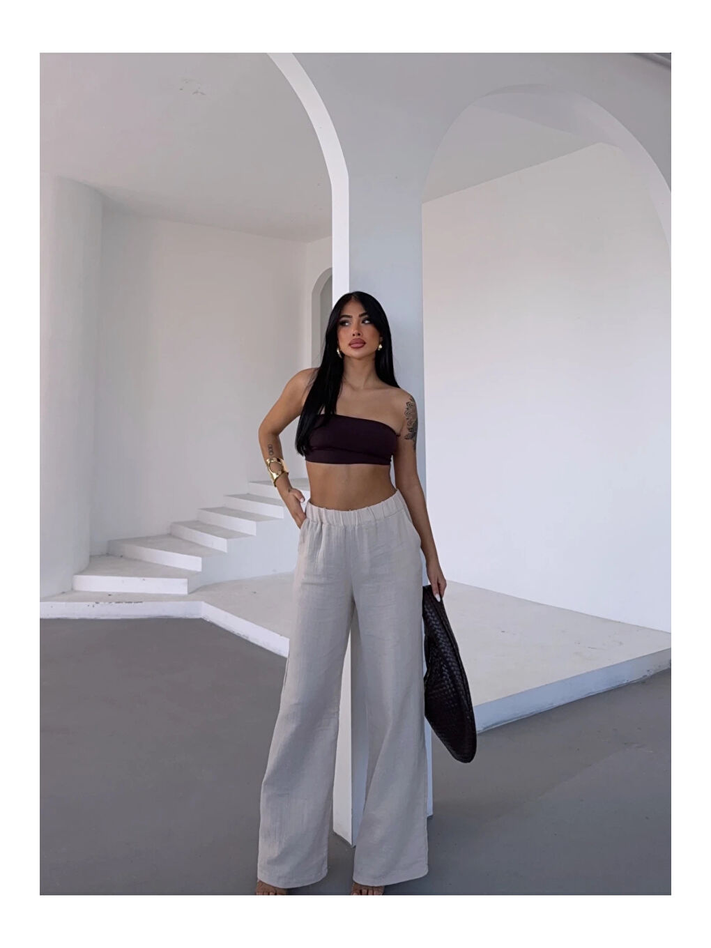 Kadın Bej Beli Lastikli Müslin Kumaş Bol Paça Pantolon HZL25S-DSB12221