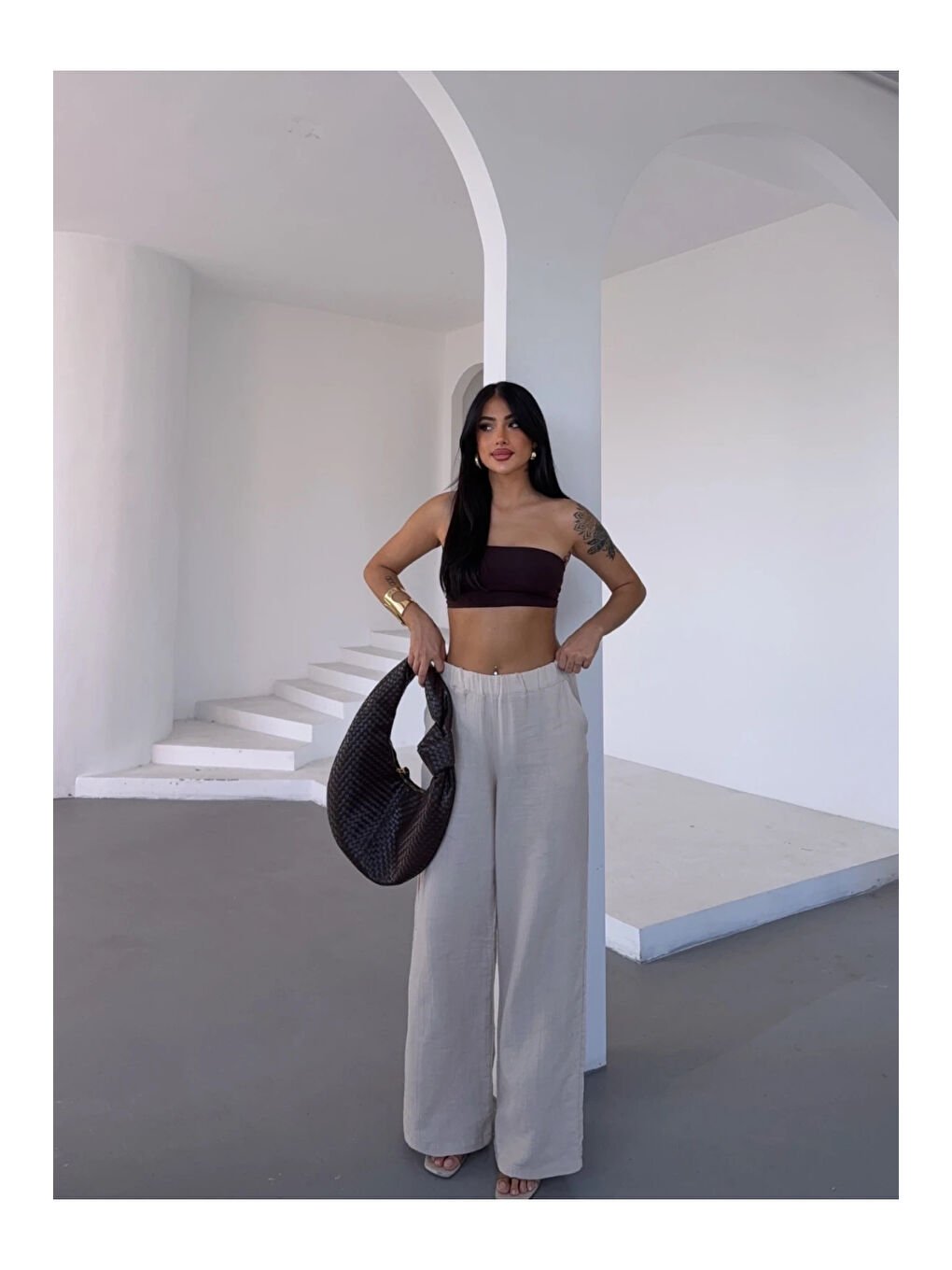 Kadın Bej Beli Lastikli Müslin Kumaş Bol Paça Pantolon HZL25S-DSB12221-1