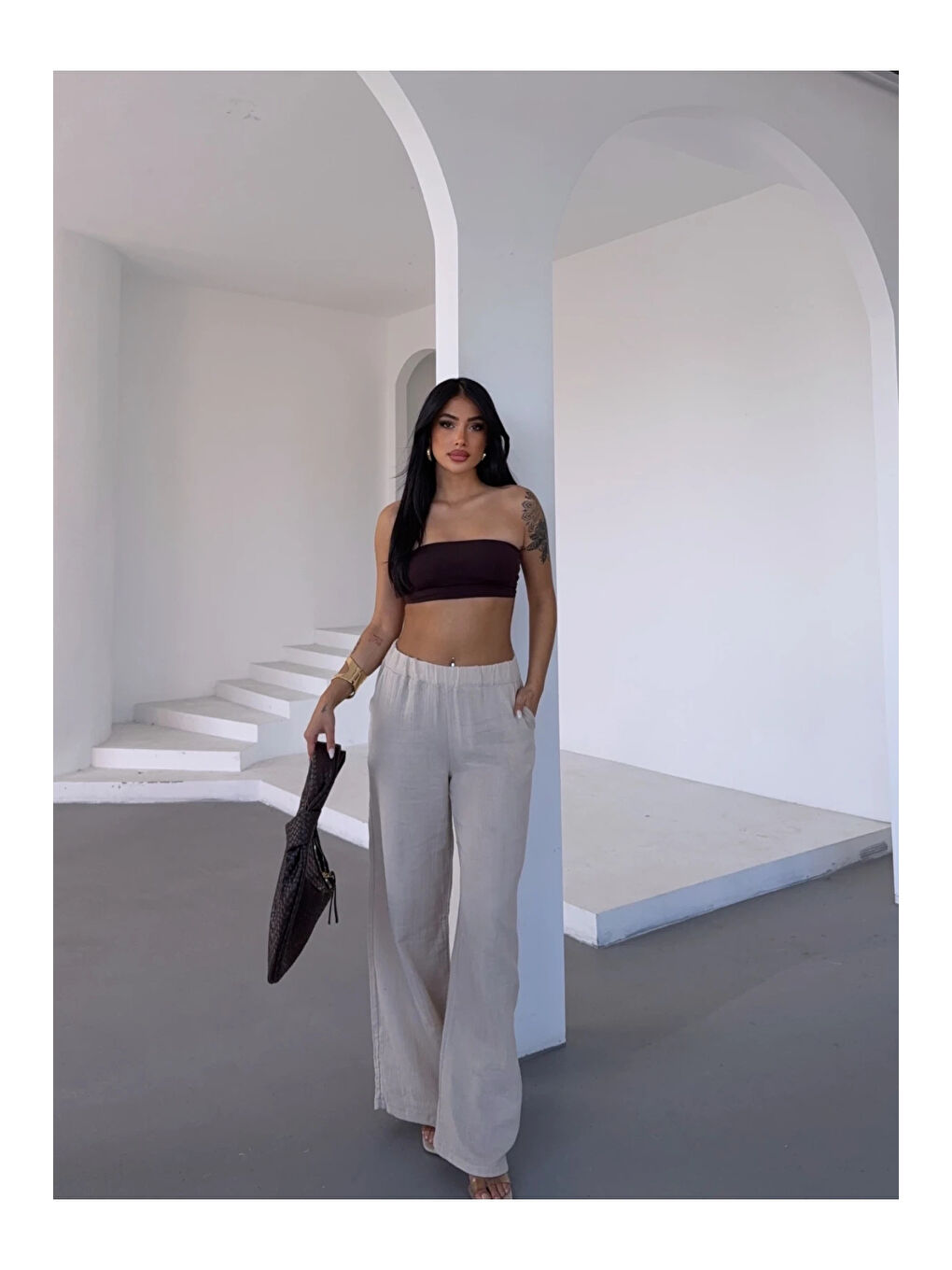 Kadın Bej Beli Lastikli Müslin Kumaş Bol Paça Pantolon HZL25S-DSB12221-2