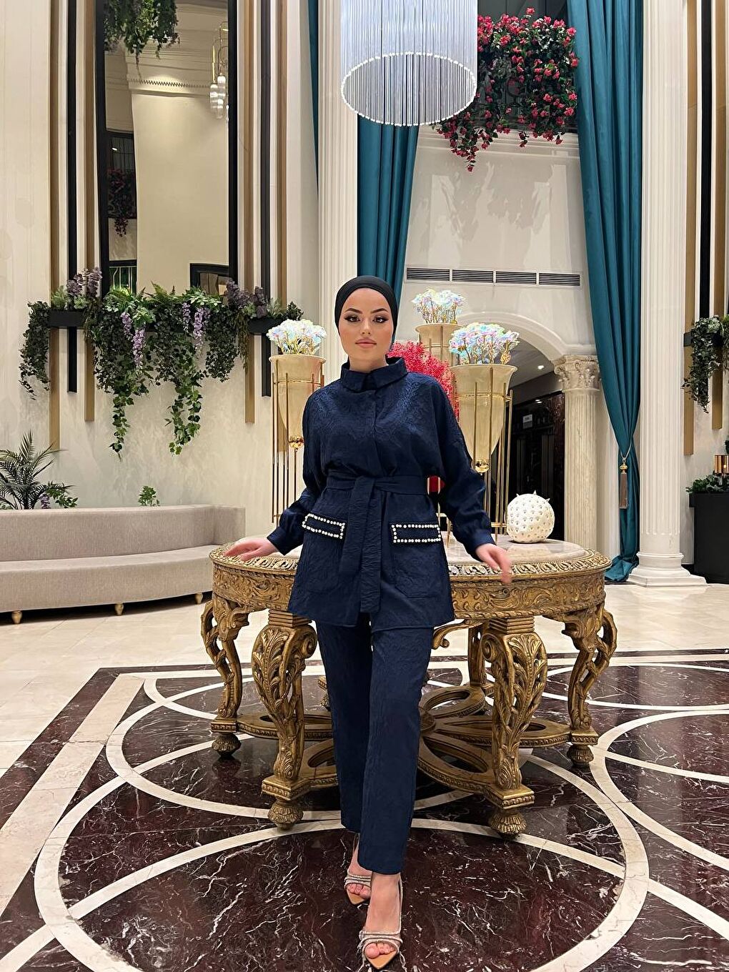 Lacivert Kadın Jakarlı Bel Kuşaklı Cep Taşlı Alt Üst Takım-2