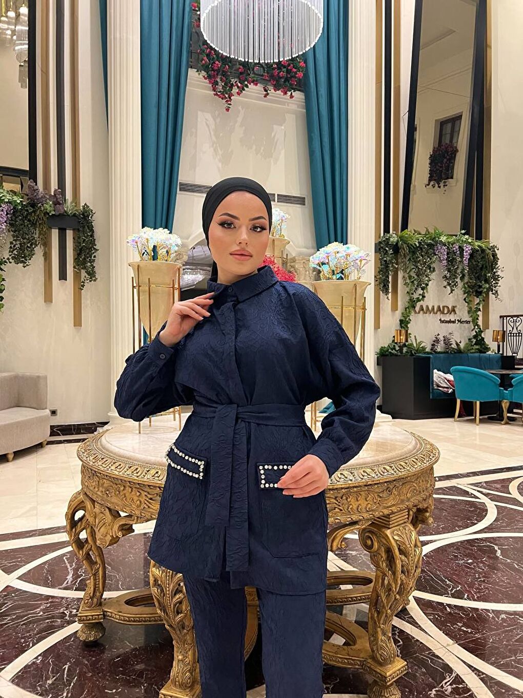 Lacivert Kadın Jakarlı Bel Kuşaklı Cep Taşlı Alt Üst Takım-3