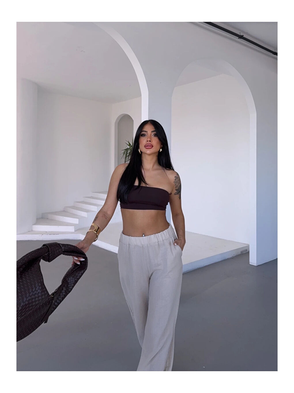 Kadın Bej Beli Lastikli Müslin Kumaş Bol Paça Pantolon HZL25S-DSB12221-3