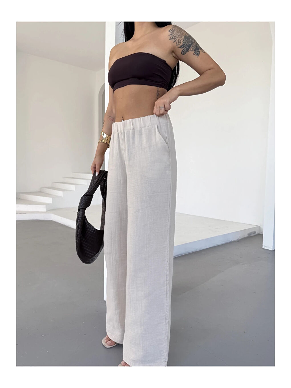 Kadın Bej Beli Lastikli Müslin Kumaş Bol Paça Pantolon HZL25S-DSB12221-4