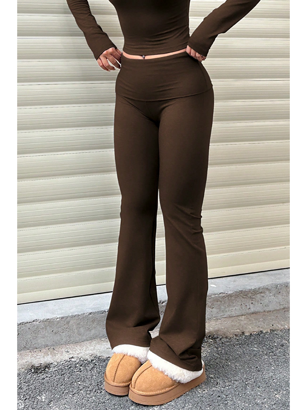 Kahverengi Kadın Pantolon Pamuklu Elastanlı Süprem Esnek İspanyol Paça Spor ve Günlük Pantolon SÜPREM-PANTOLON-3