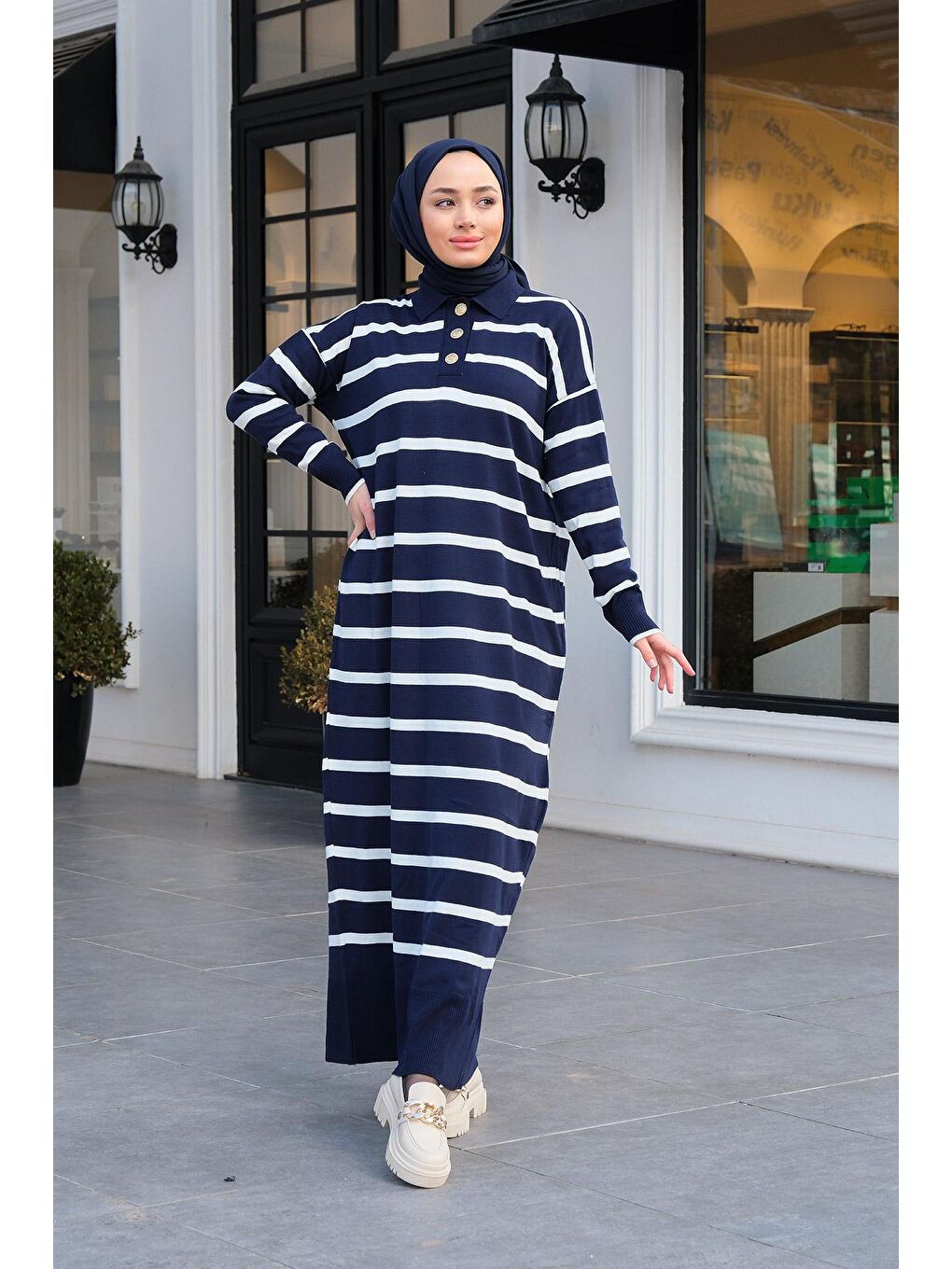 Polo Yaka Çizgili Elbise Lacivert-1
