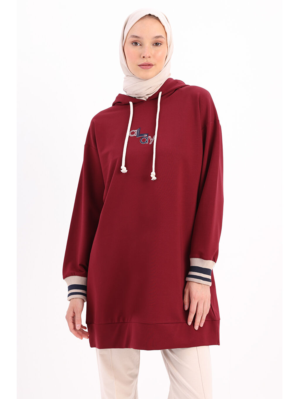 ALLDAY Açık Bordo Vişne Kapüşonlu Yakası Nakışlı  Sweat Tunik