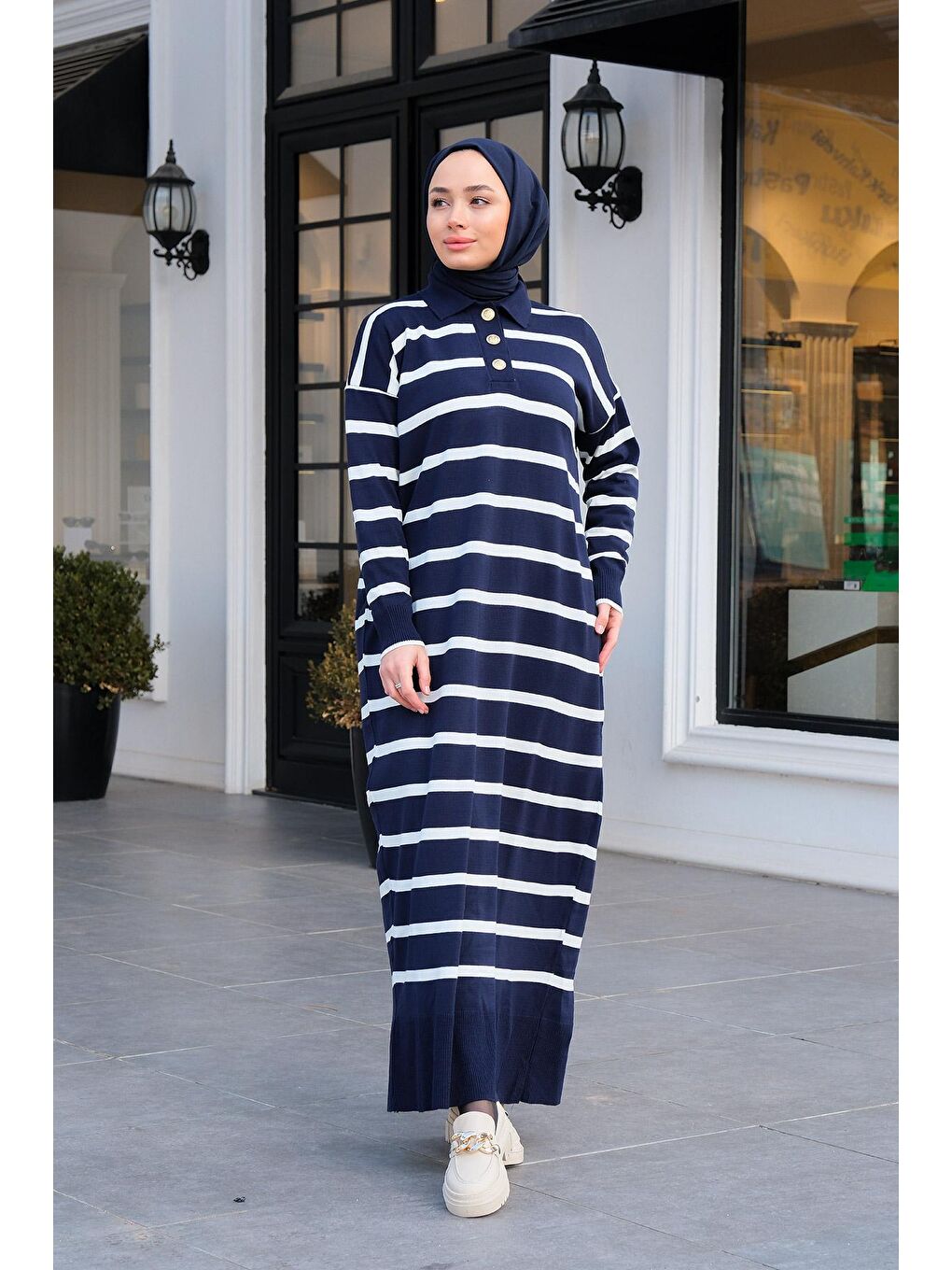 Polo Yaka Çizgili Elbise Lacivert-2