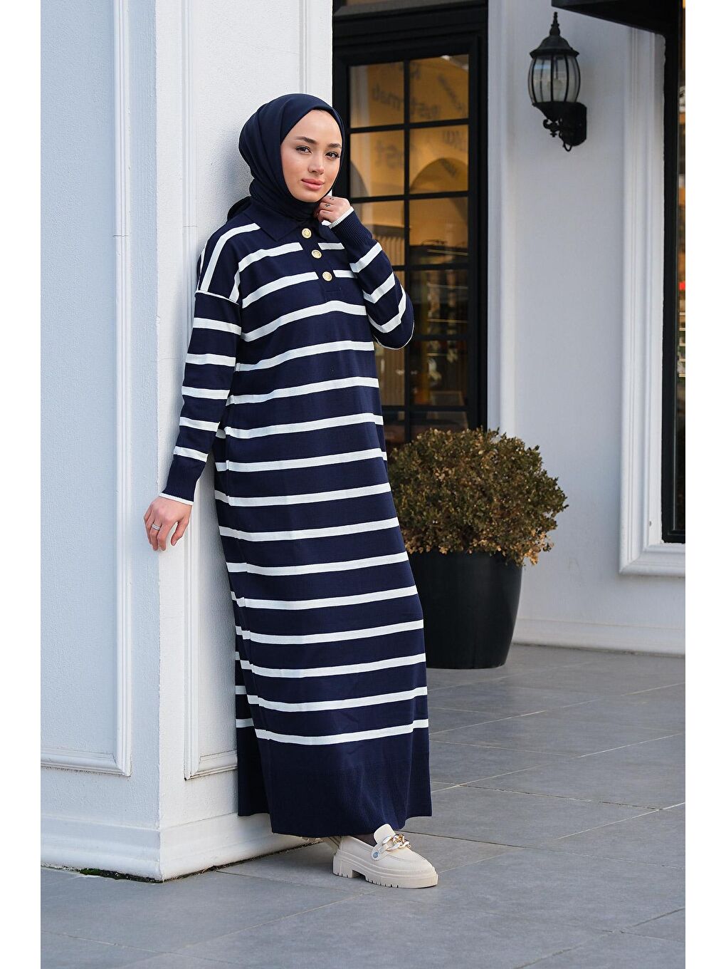 Polo Yaka Çizgili Elbise Lacivert-3