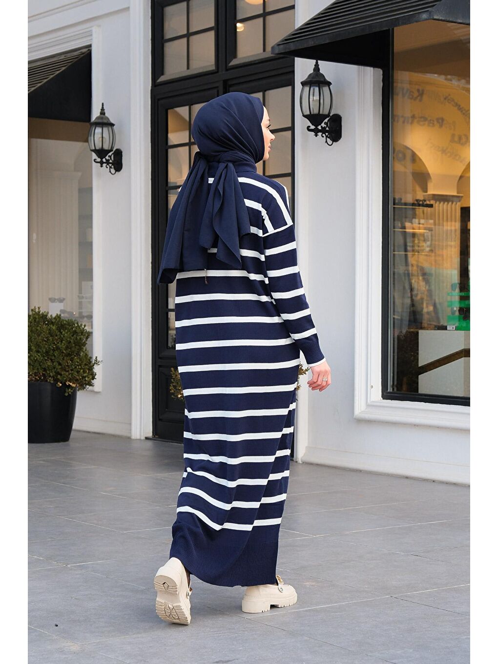 Polo Yaka Çizgili Elbise Lacivert-4