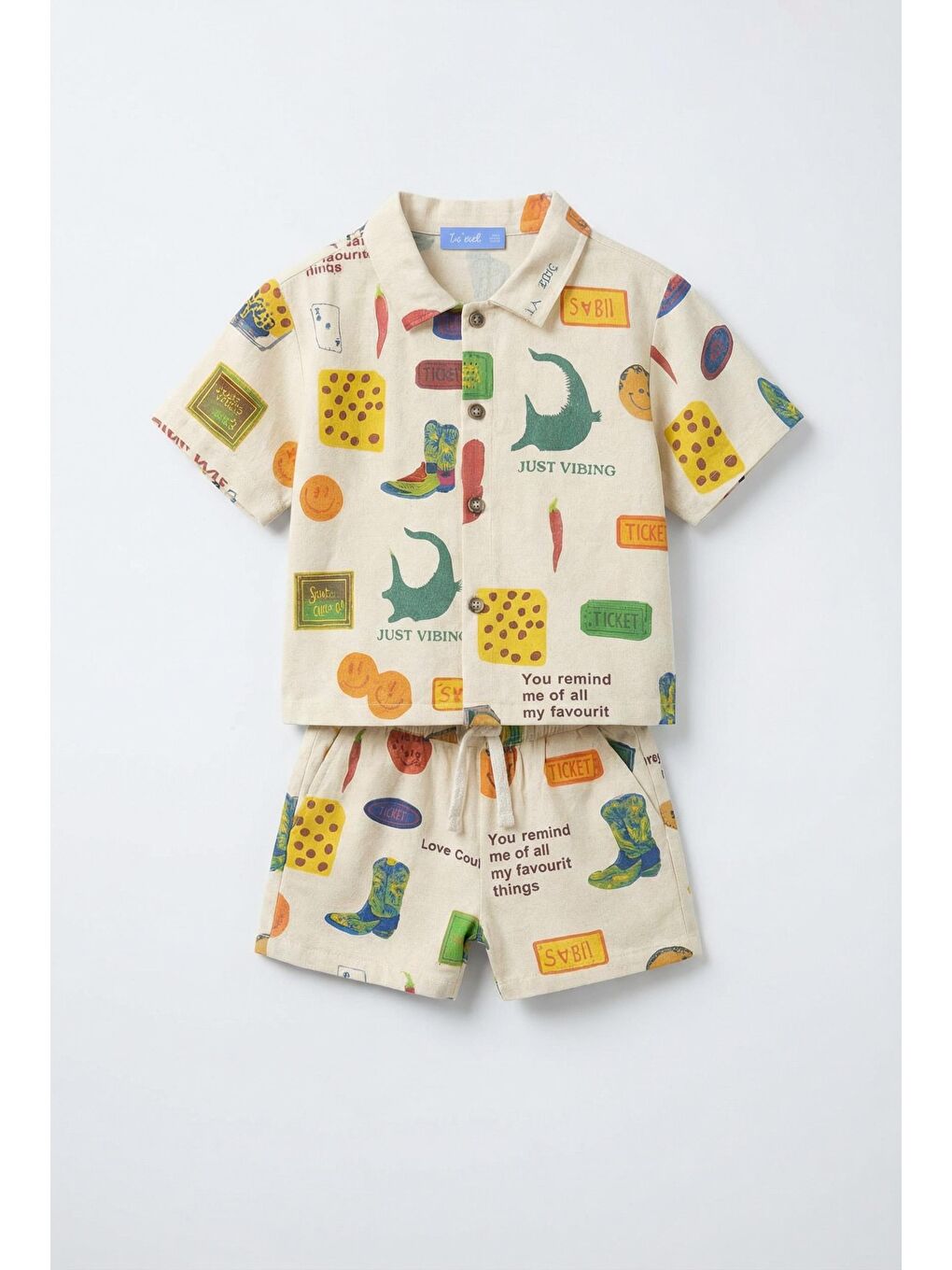 Erkek Çocuk Pamuklu Bej Just Vibing Baskılı Gömlek Ve Şort Takım