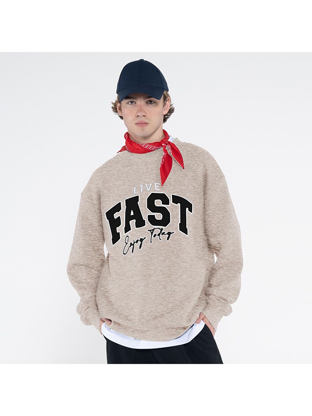 Friday Offset Gri Melanj Fast Erkek Gri Melanj Bisiklet Yaka Ekstra Oversize Sweatshirt - Şardonlu 3 İplik