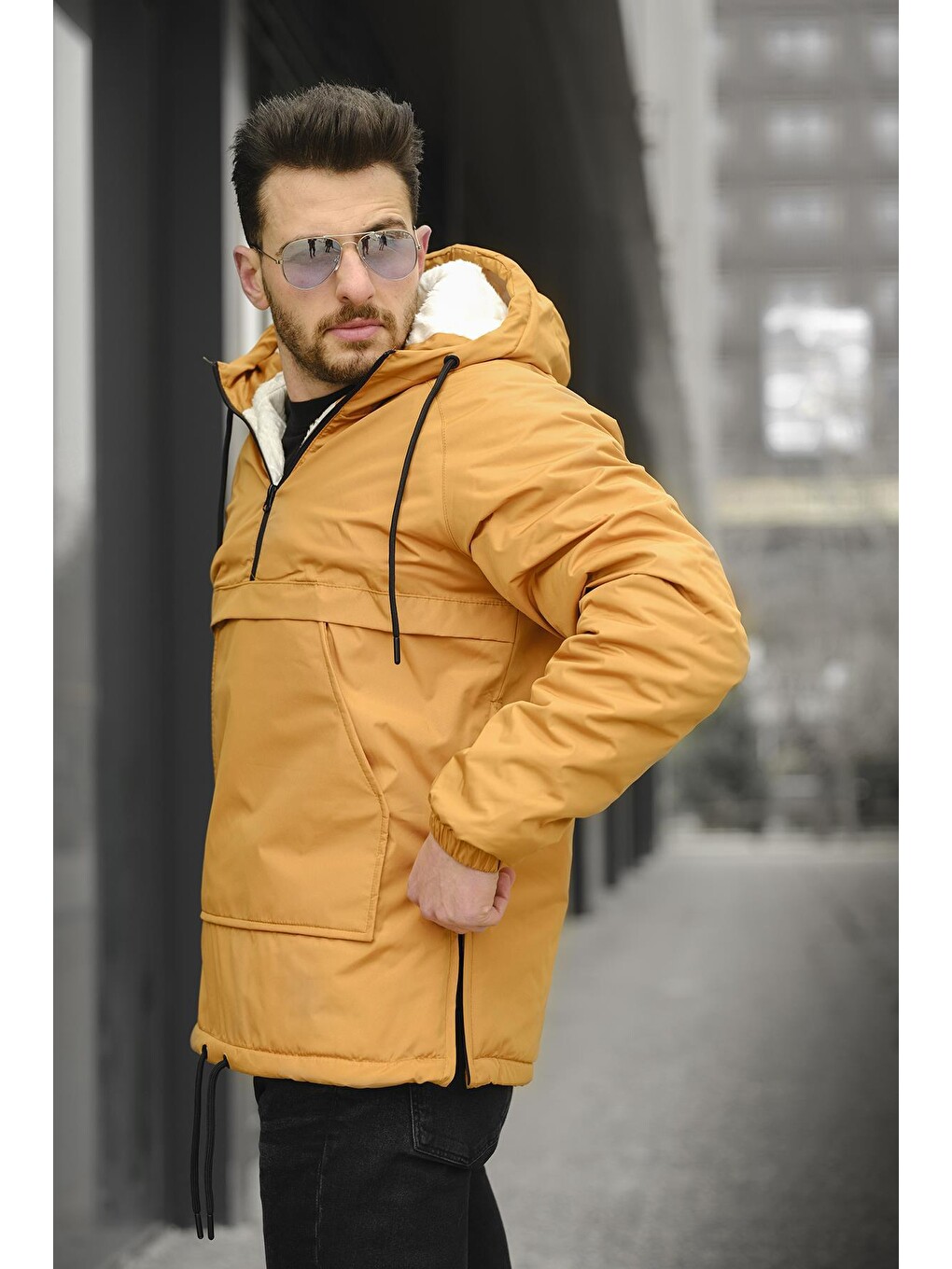 Kahverengi Dar Kesim Kürklü Suya Dayanıklı Kanguru Mont-4
