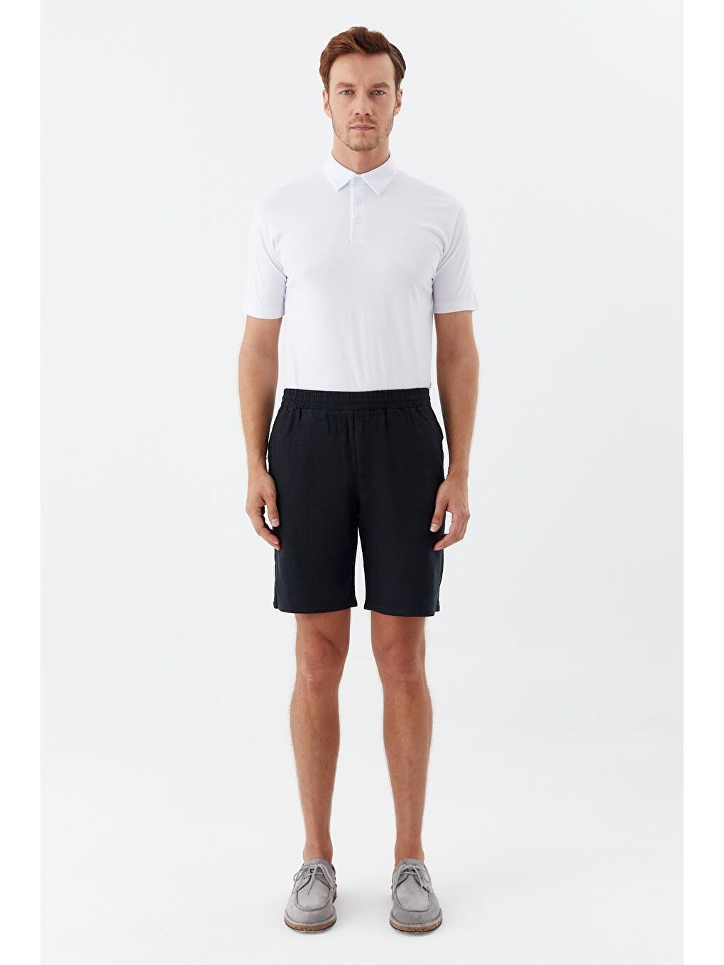 Erkek Siyah Regular Fit %100 Keten Lastikli Bel Bermuda Şort-1