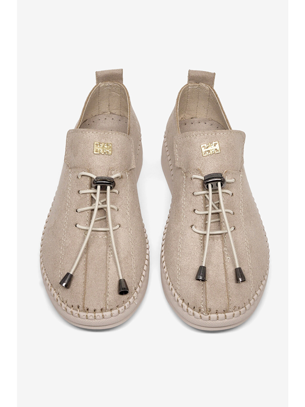 Kadın Bej Rahat Kalıp Taş Detaylı Bağcıklı Loafer-2