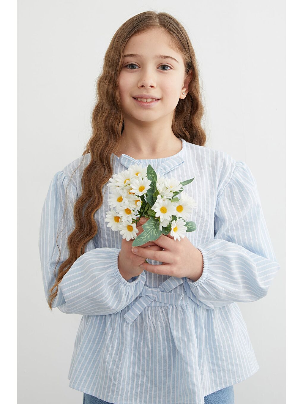 Mavi Fiyonk Detaylı Çizgili Kız Çocuk Bluz-1