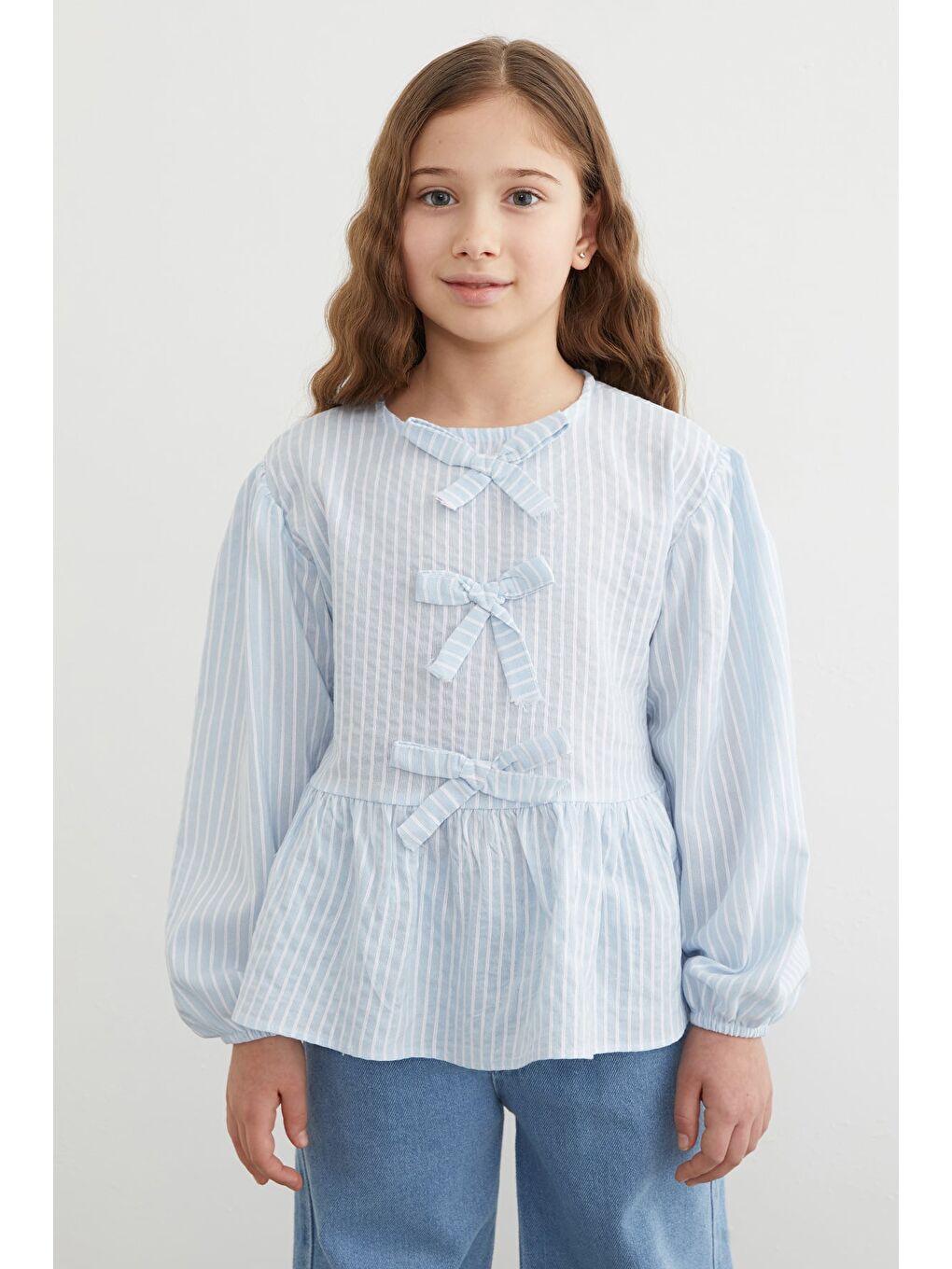 Mavi Fiyonk Detaylı Çizgili Kız Çocuk Bluz-3