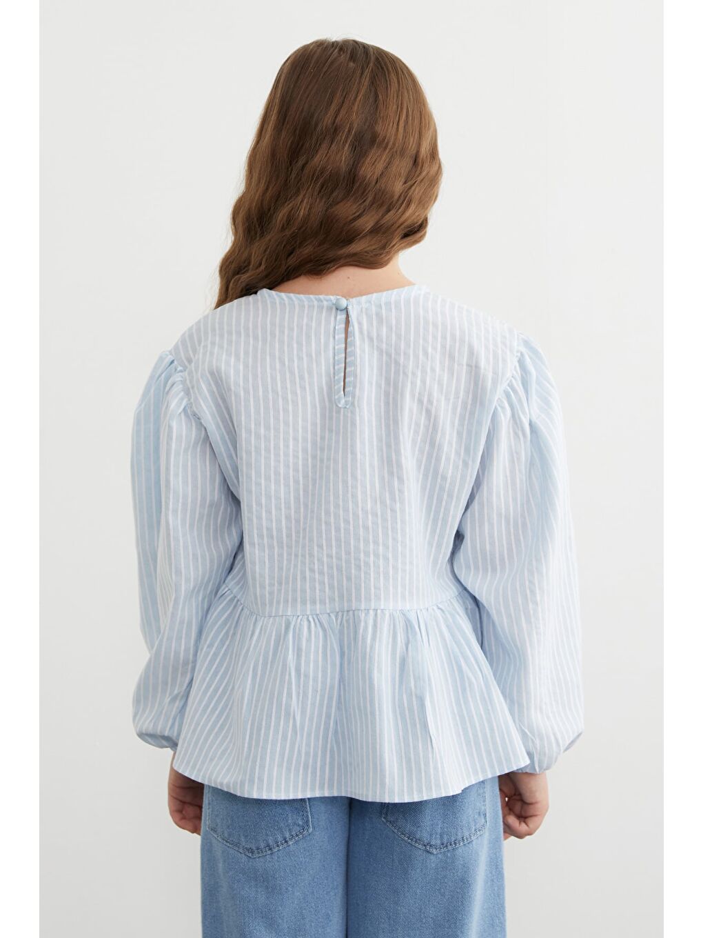 Mavi Fiyonk Detaylı Çizgili Kız Çocuk Bluz-4