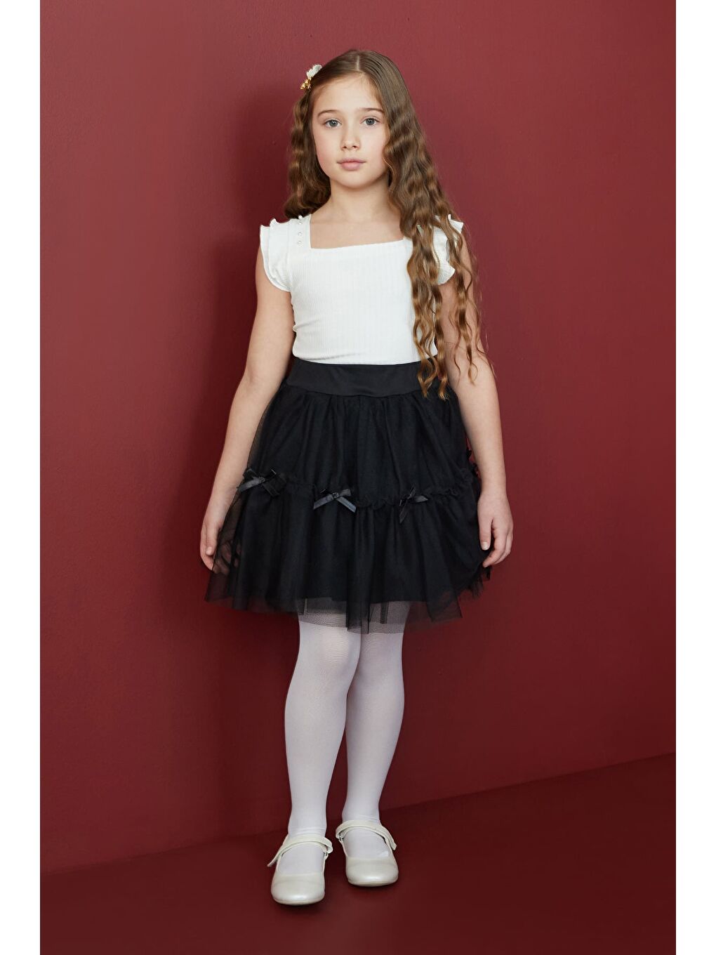 Siyah Beli Lastikli Fiyonklu Kız Çocuk Tül Etek