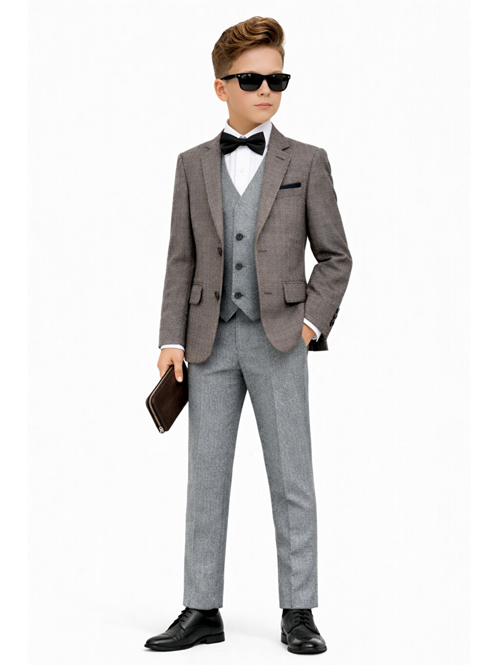 Gri Erkek Çocuk Slim Fit Dokulu Çizgili Spor Takım Elbise AK195-196