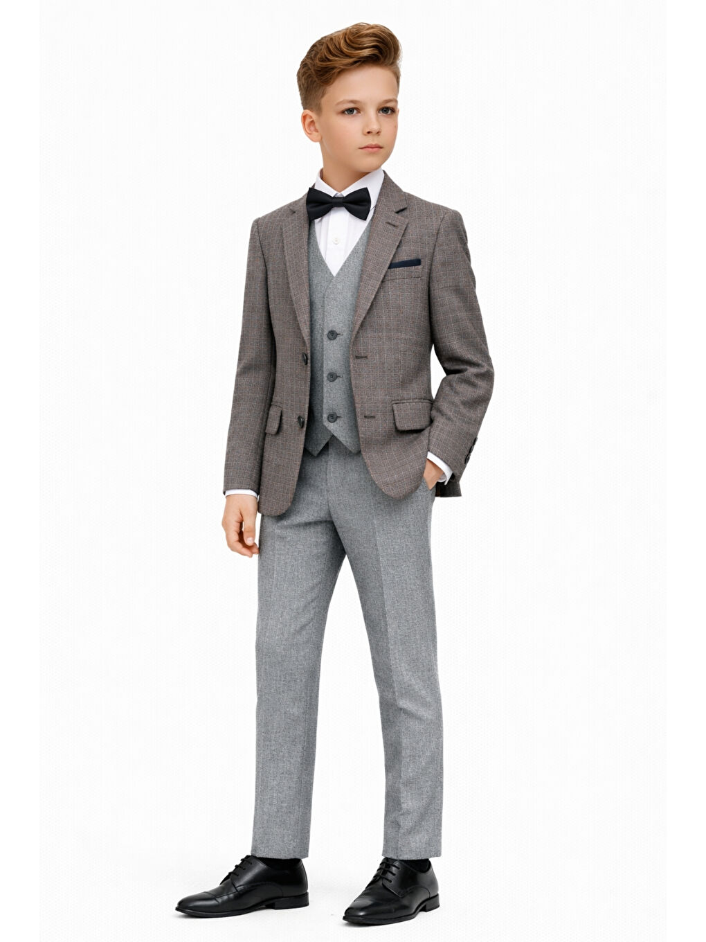 Gri Erkek Çocuk Slim Fit Dokulu Çizgili Spor Takım Elbise AK195-196-1