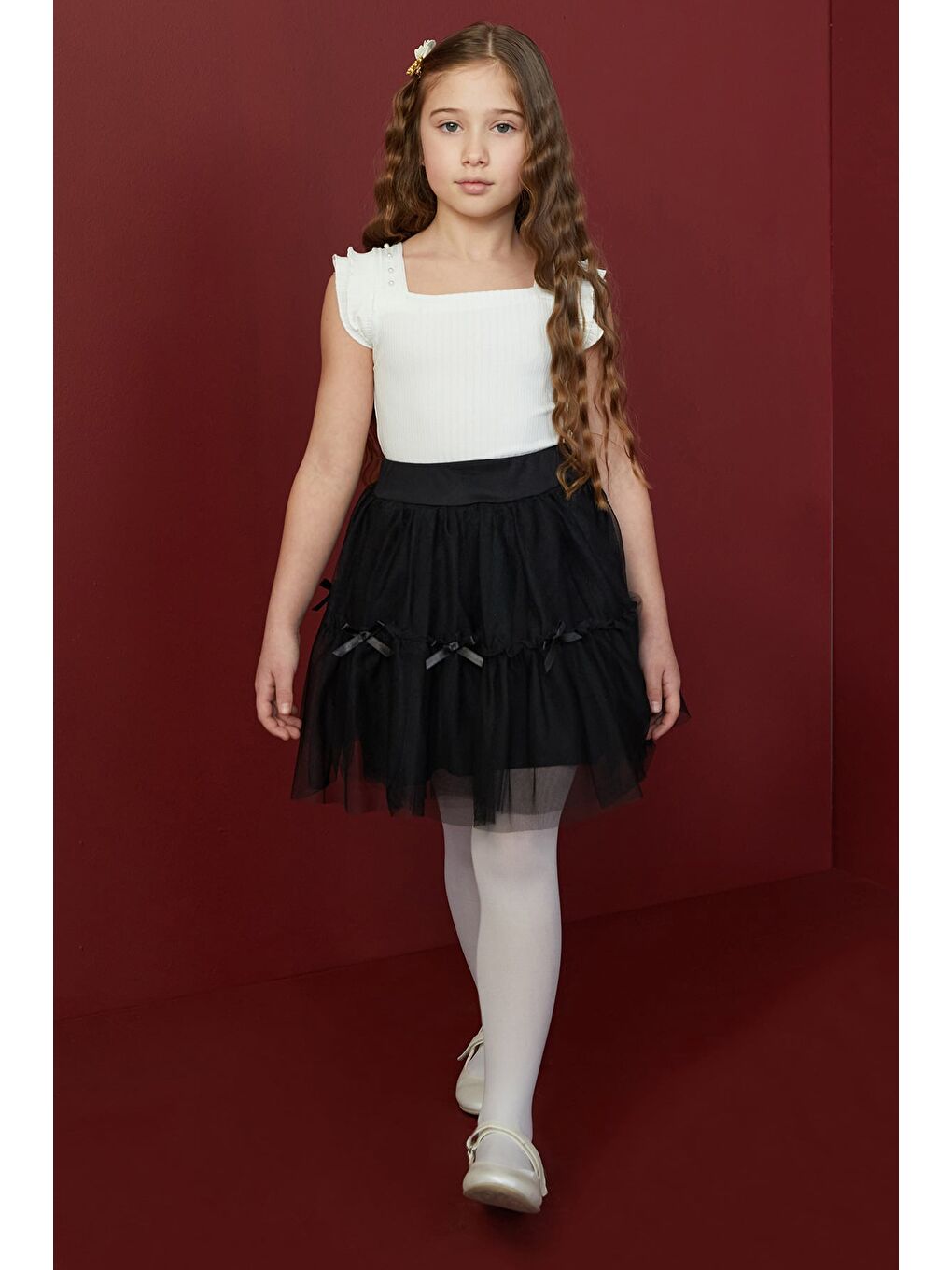 Siyah Beli Lastikli Fiyonklu Kız Çocuk Tül Etek-1