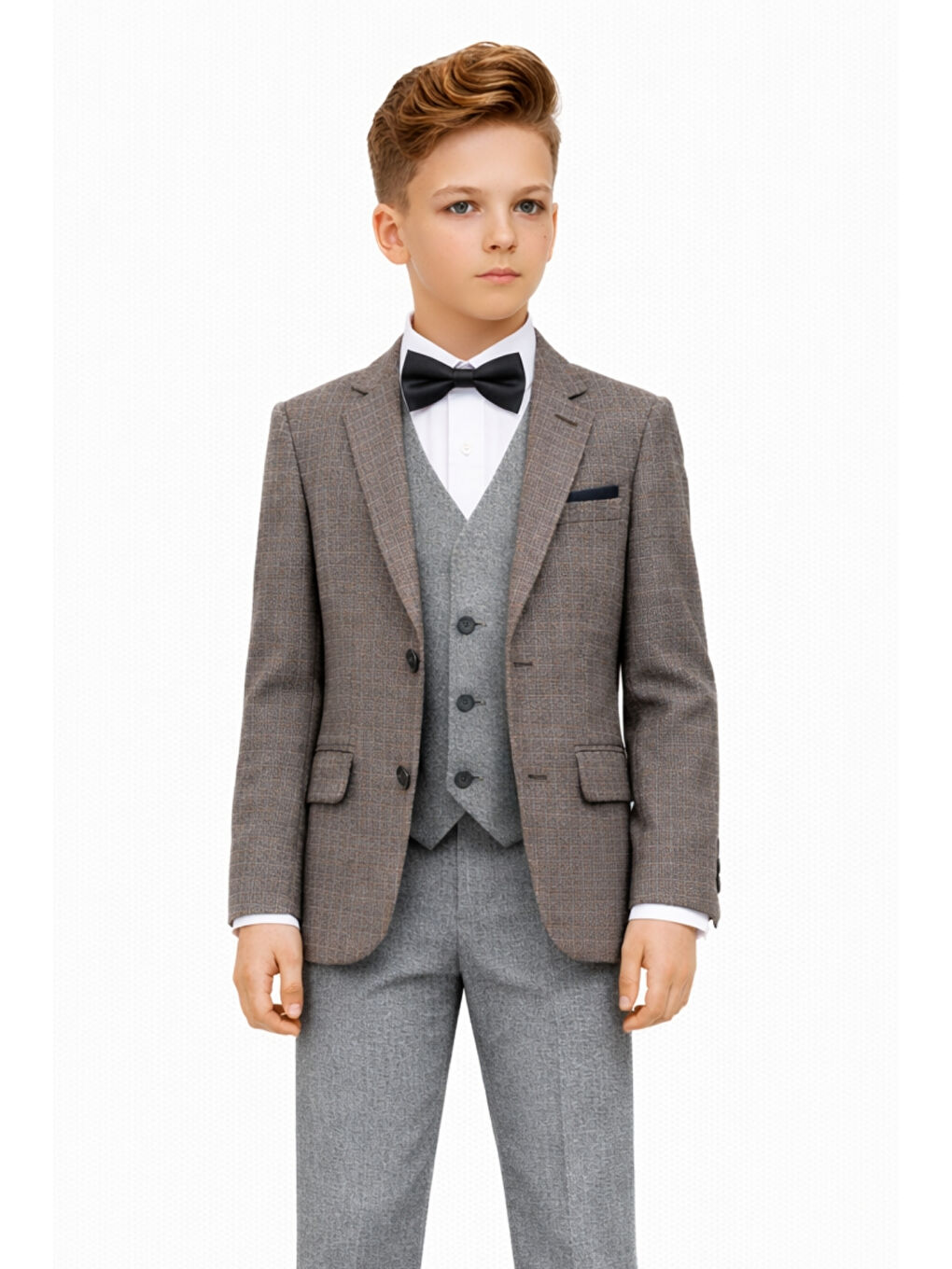 Gri Erkek Çocuk Slim Fit Dokulu Çizgili Spor Takım Elbise AK195-196-2