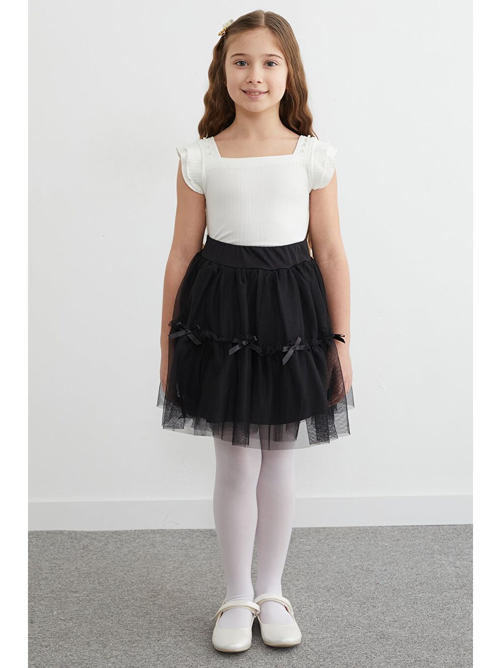 Siyah Beli Lastikli Fiyonklu Kız Çocuk Tül Etek-3