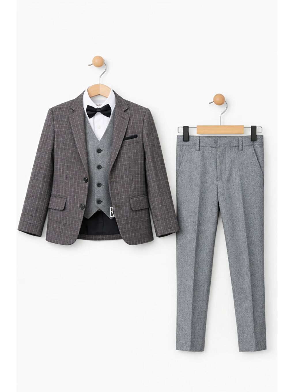 Gri Erkek Çocuk Slim Fit Dokulu Çizgili Spor Takım Elbise AK195-196-4