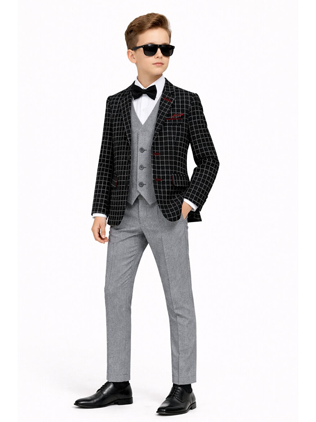 Siyah Erkek Çocuk Slim Fit Dokulu Çizgili Spor Takım Elbise AK195-196