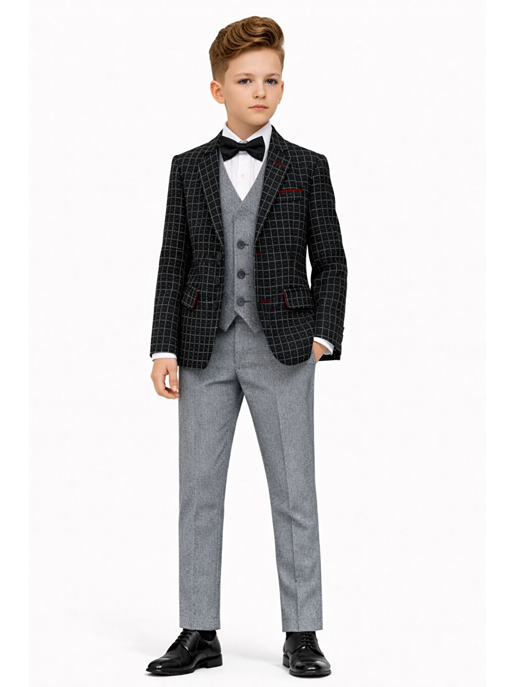 Siyah Erkek Çocuk Slim Fit Dokulu Çizgili Spor Takım Elbise AK195-196-1