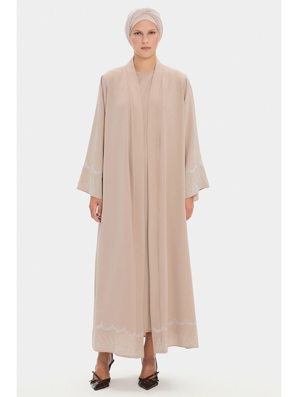 Bej Kadın Taş Işlemeli Belden Bağlama Detaylı Abaya